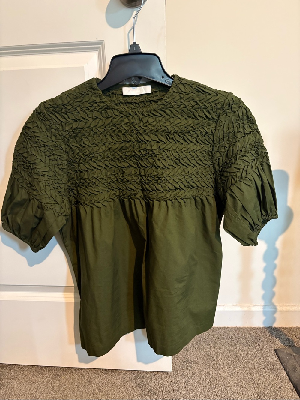 Merlette Pre-Fall 2021 Olive Green Smocked Short-Sleeve Blouse - Women